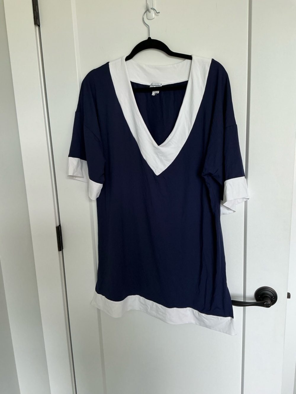 Navy V‑Neck Swim Coverup with White Trim
